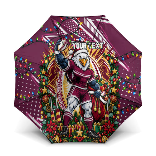 Personalized Manly Warringah Sea Eagles Rugby Christmas Umbrella Holiday Mascot Graphic Art Festive Lights Bow