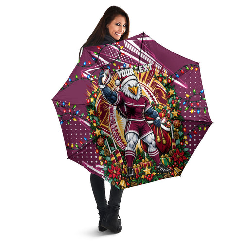 Personalized Manly Warringah Sea Eagles Rugby Christmas Umbrella Holiday Mascot Graphic Art Festive Lights Bow