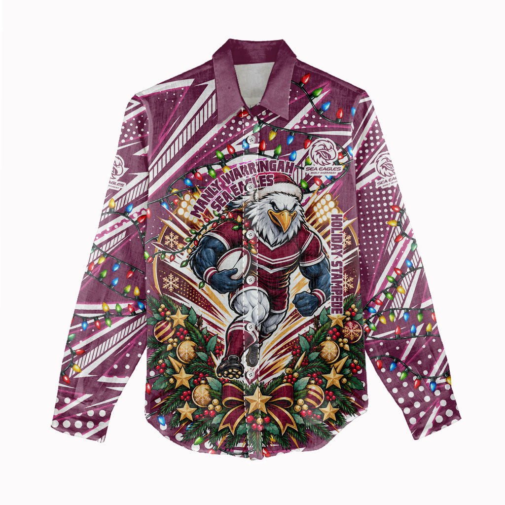 Personalized Manly Warringah Sea Eagles Rugby Christmas Women Casual Shirt Holiday Mascot Graphic Art Festive Lights Bow