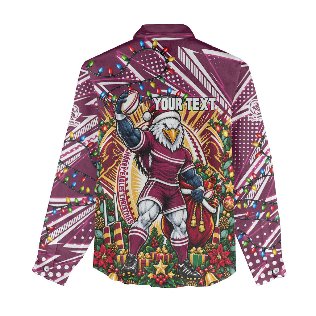 Personalized Manly Warringah Sea Eagles Rugby Christmas Women Casual Shirt Holiday Mascot Graphic Art Festive Lights Bow