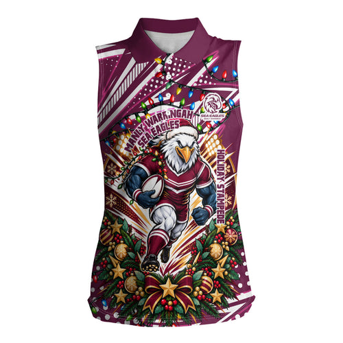 Personalized Manly Warringah Sea Eagles Rugby Christmas Women Sleeveless Polo Shirt Holiday Mascot Graphic Art Festive Lights Bow