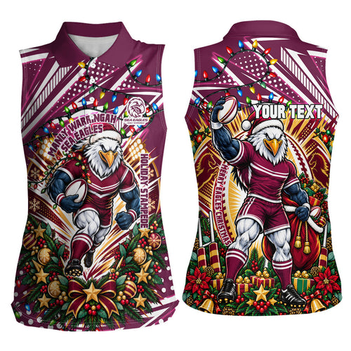 Personalized Manly Warringah Sea Eagles Rugby Christmas Women Sleeveless Polo Shirt Holiday Mascot Graphic Art Festive Lights Bow