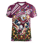 Personalized Manly Warringah Sea Eagles Rugby Christmas Women V-Neck T-Shirt Holiday Mascot Graphic Art Festive Lights Bow