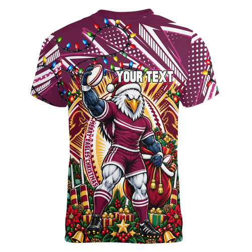 Personalized Manly Warringah Sea Eagles Rugby Christmas Women V-Neck T-Shirt Holiday Mascot Graphic Art Festive Lights Bow