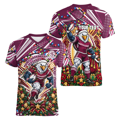 Personalized Manly Warringah Sea Eagles Rugby Christmas Women V-Neck T-Shirt Holiday Mascot Graphic Art Festive Lights Bow
