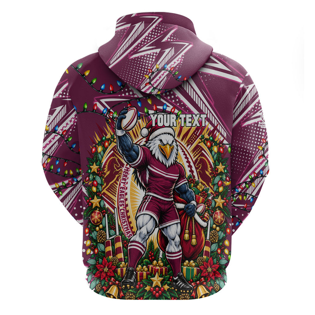 Personalized Manly Warringah Sea Eagles Rugby Christmas Zip Hoodie Holiday Mascot Graphic Art Festive Lights Bow