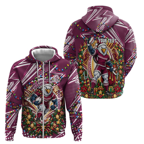 Personalized Manly Warringah Sea Eagles Rugby Christmas Zip Hoodie Holiday Mascot Graphic Art Festive Lights Bow
