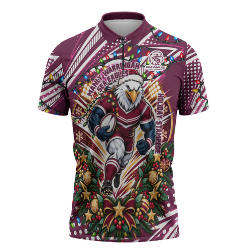 Personalized Manly Warringah Sea Eagles Rugby Christmas Zipper Polo Shirt Holiday Mascot Graphic Art Festive Lights Bow