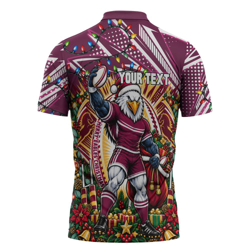 Personalized Manly Warringah Sea Eagles Rugby Christmas Zipper Polo Shirt Holiday Mascot Graphic Art Festive Lights Bow