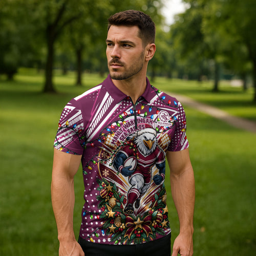 Personalized Manly Warringah Sea Eagles Rugby Christmas Zipper Polo Shirt Holiday Mascot Graphic Art Festive Lights Bow