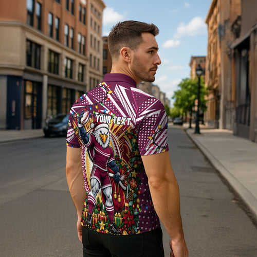 Personalized Manly Warringah Sea Eagles Rugby Christmas Zipper Polo Shirt Holiday Mascot Graphic Art Festive Lights Bow