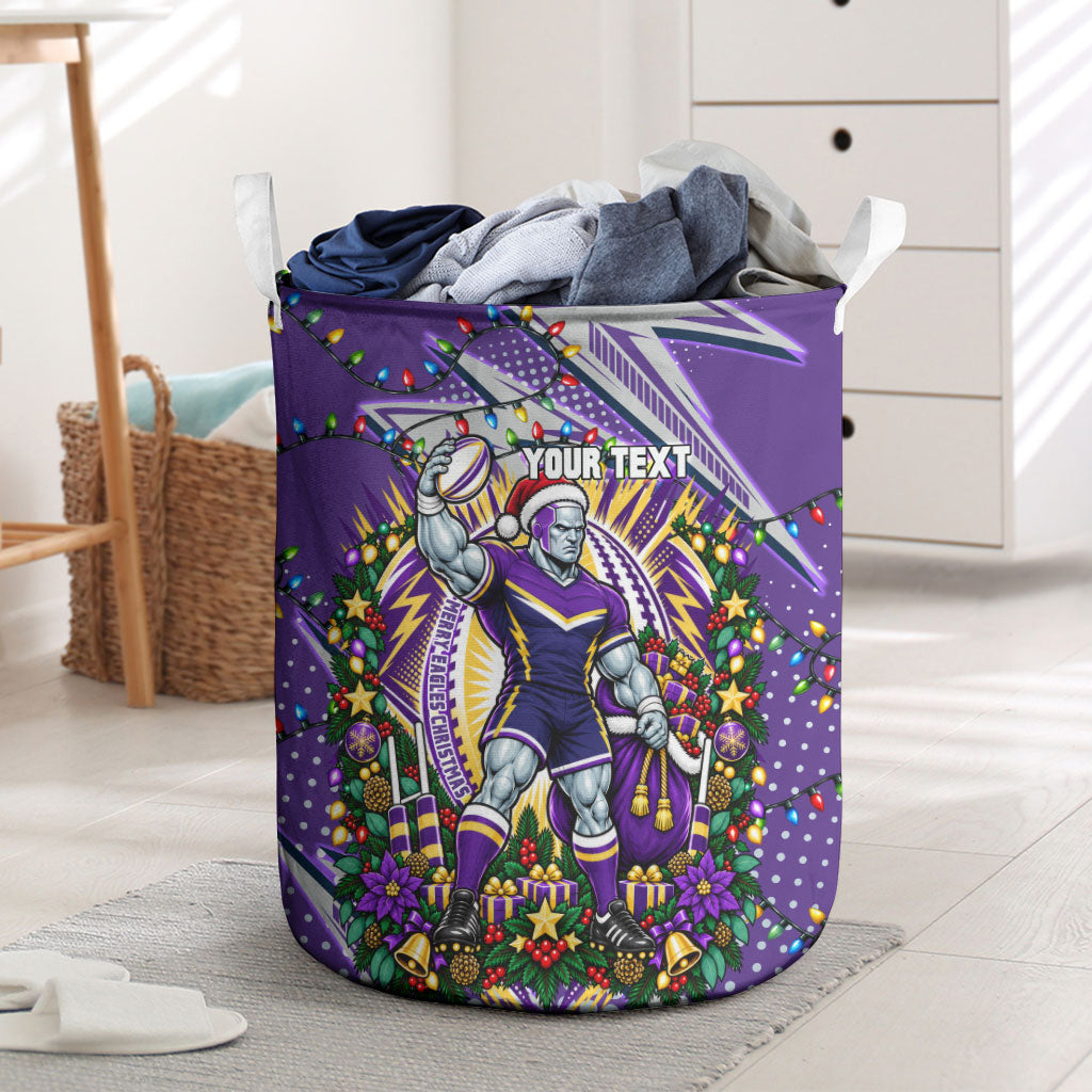 Personalized Melbourne Storm Rugby Christmas Laundry Basket Holiday Mascot Graphic Art Festive Lights Bow