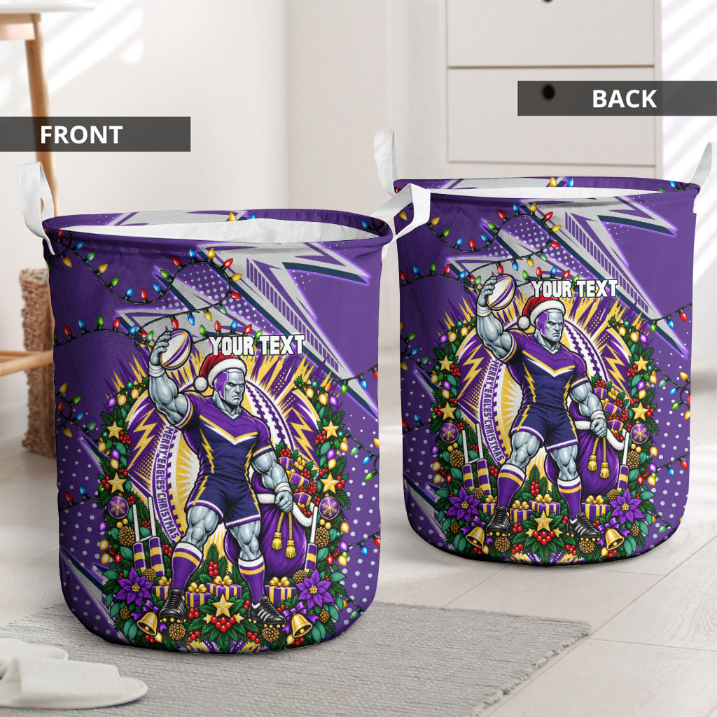 Personalized Melbourne Storm Rugby Christmas Laundry Basket Holiday Mascot Graphic Art Festive Lights Bow