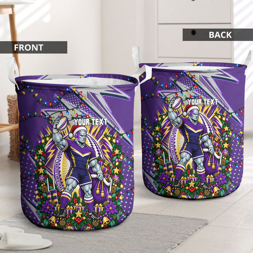 Personalized Melbourne Storm Rugby Christmas Laundry Basket Holiday Mascot Graphic Art Festive Lights Bow