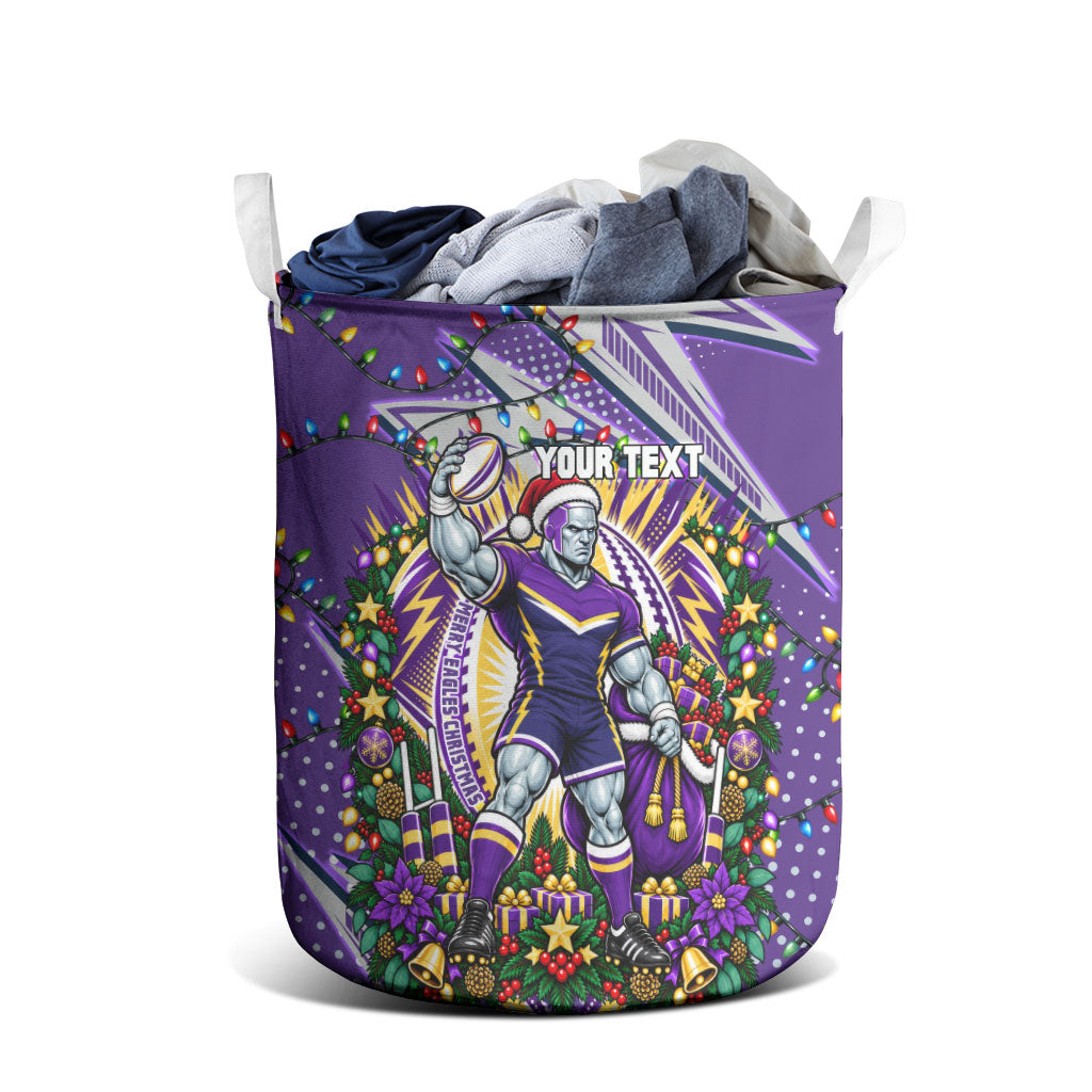 Personalized Melbourne Storm Rugby Christmas Laundry Basket Holiday Mascot Graphic Art Festive Lights Bow