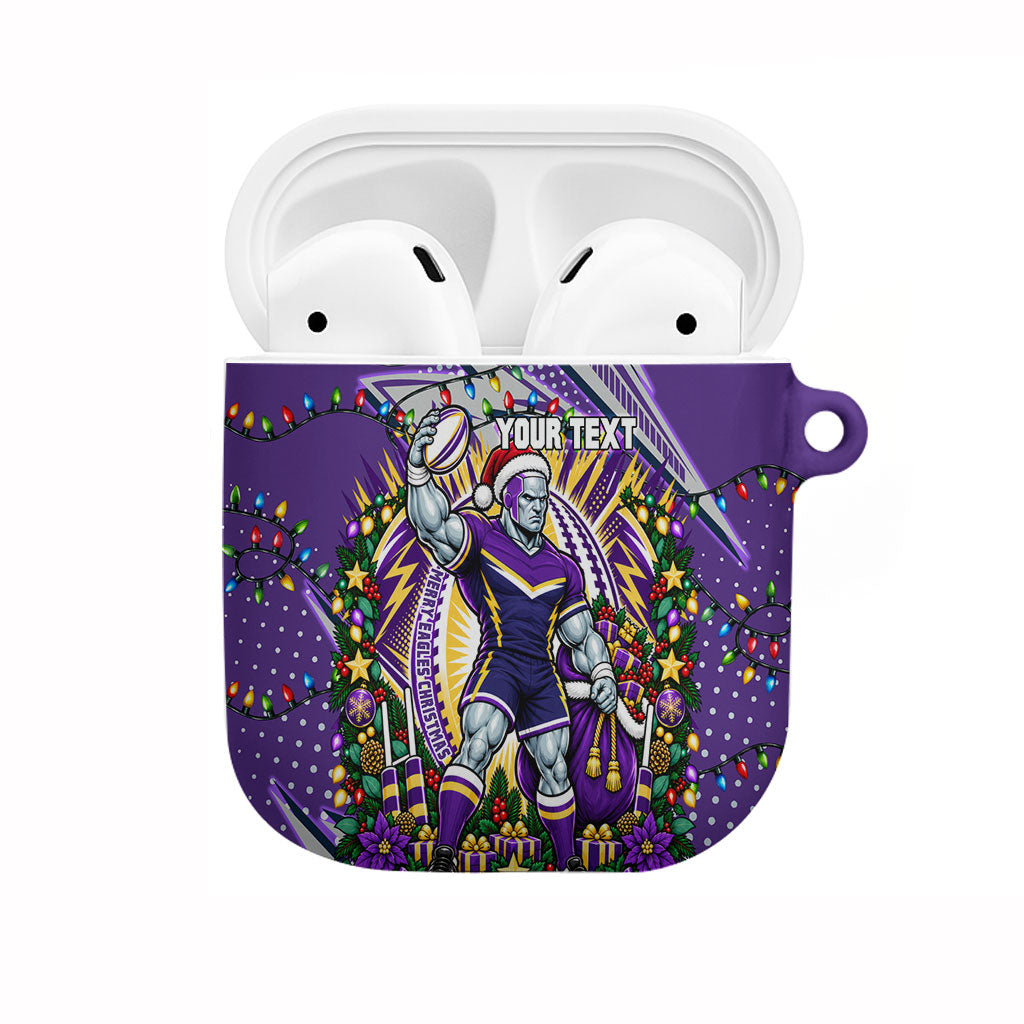 Personalized Melbourne Storm Rugby Christmas AirPods Case Holiday Mascot Graphic Art Festive Lights Bow