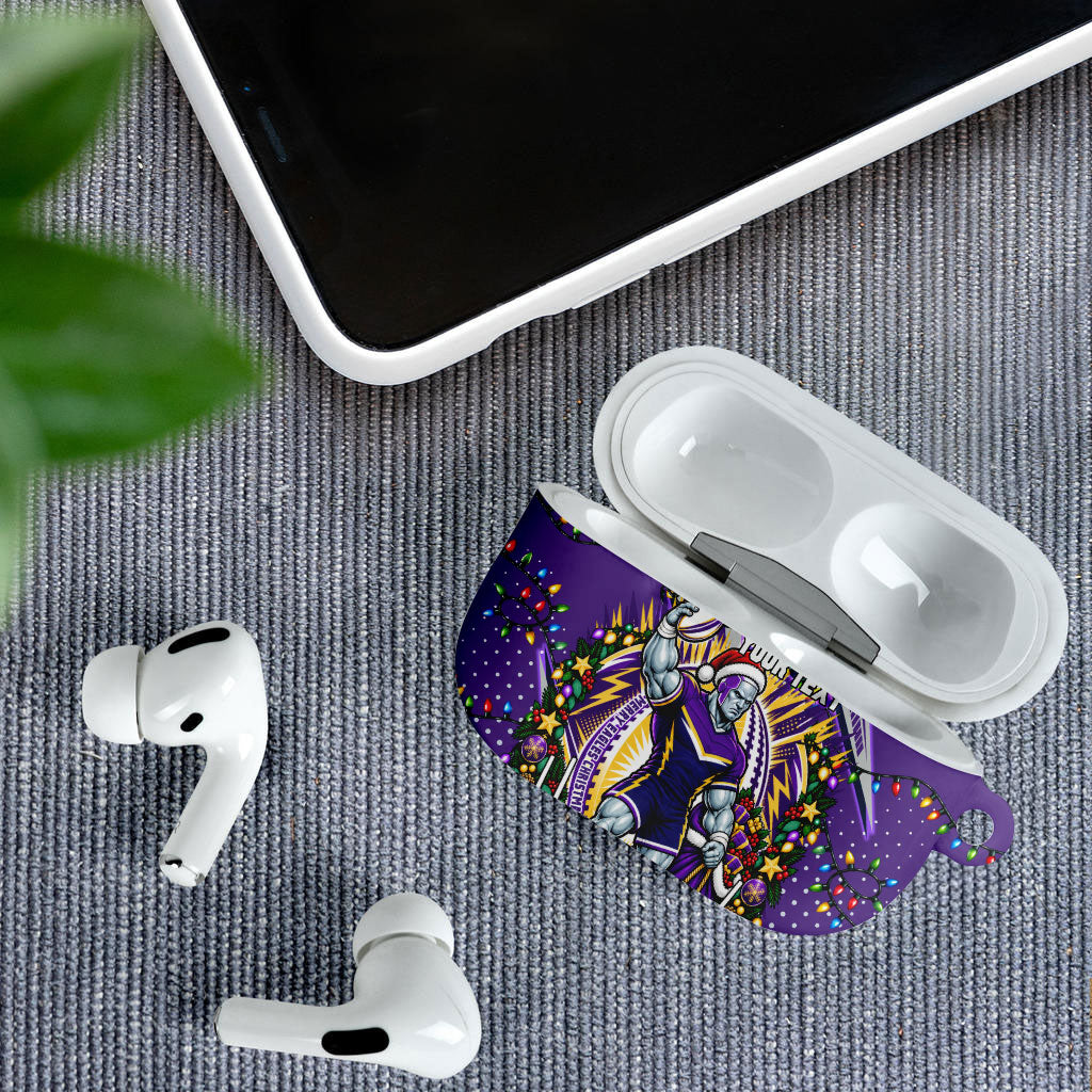 Personalized Melbourne Storm Rugby Christmas AirPods Case Holiday Mascot Graphic Art Festive Lights Bow