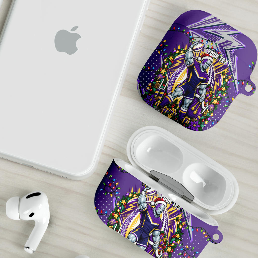 Personalized Melbourne Storm Rugby Christmas AirPods Case Holiday Mascot Graphic Art Festive Lights Bow