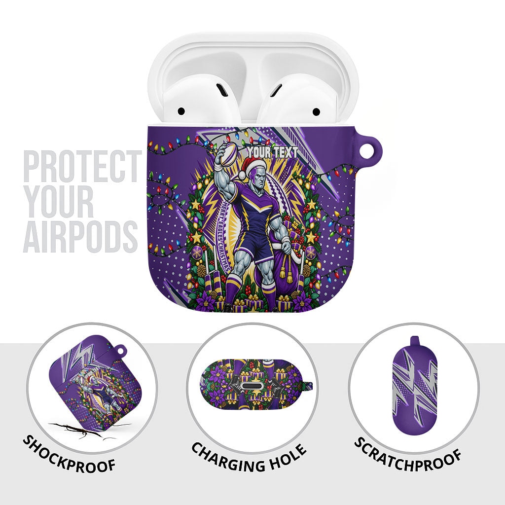 Personalized Melbourne Storm Rugby Christmas AirPods Case Holiday Mascot Graphic Art Festive Lights Bow