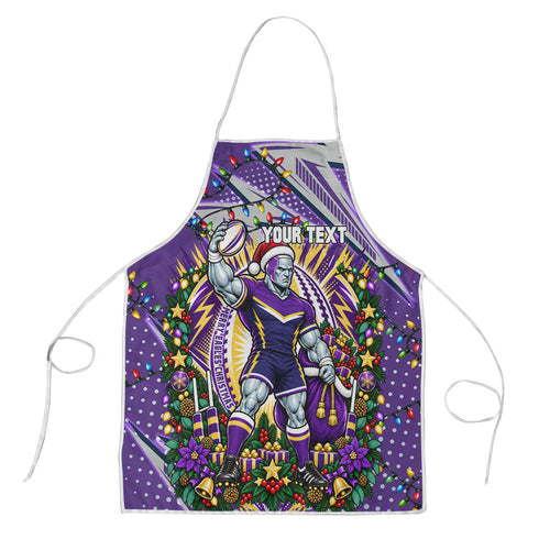 Personalized Melbourne Storm Rugby Christmas Apron Holiday Mascot Graphic Art Festive Lights Bow
