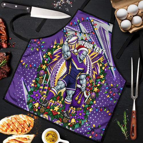 Personalized Melbourne Storm Rugby Christmas Apron Holiday Mascot Graphic Art Festive Lights Bow