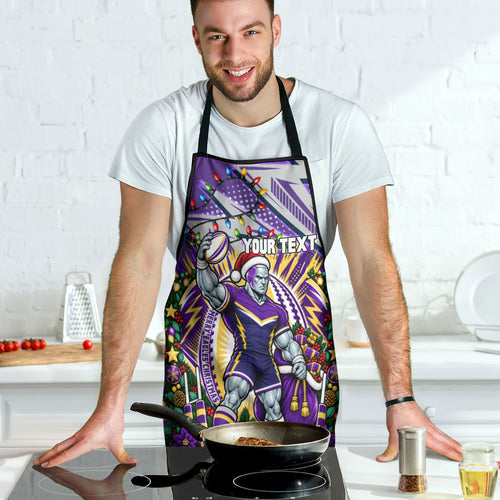 Personalized Melbourne Storm Rugby Christmas Apron Holiday Mascot Graphic Art Festive Lights Bow