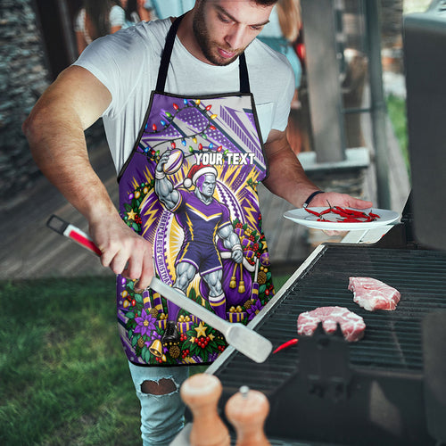Personalized Melbourne Storm Rugby Christmas Apron Holiday Mascot Graphic Art Festive Lights Bow