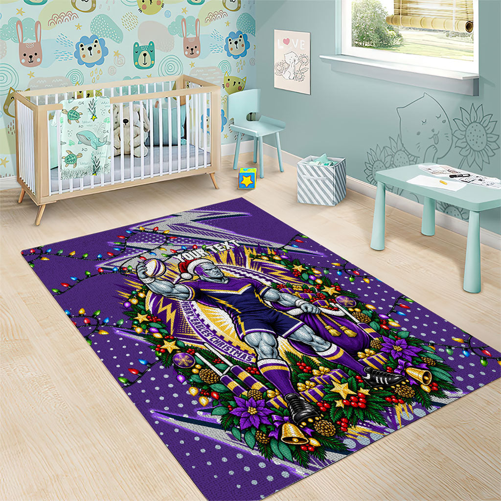 Personalized Melbourne Storm Rugby Christmas Area Rug Holiday Mascot Graphic Art Festive Lights Bow