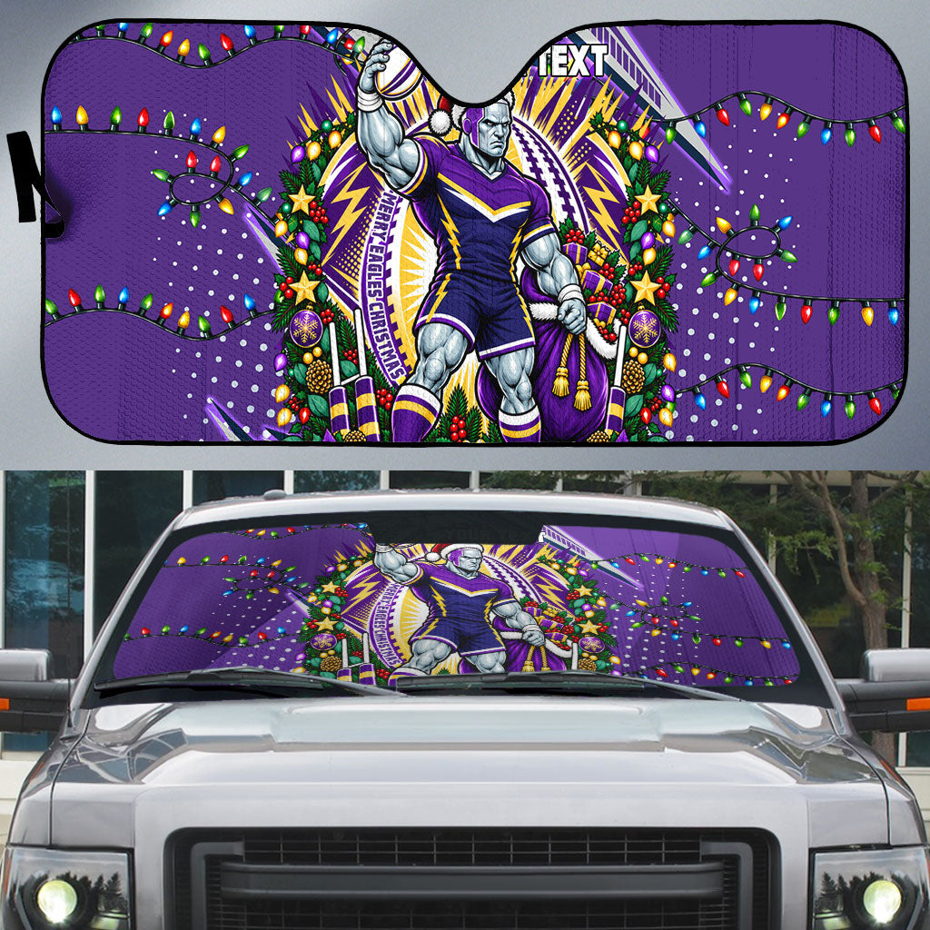 Personalized Melbourne Storm Rugby Christmas Auto Sun Shade Holiday Mascot Graphic Art Festive Lights Bow