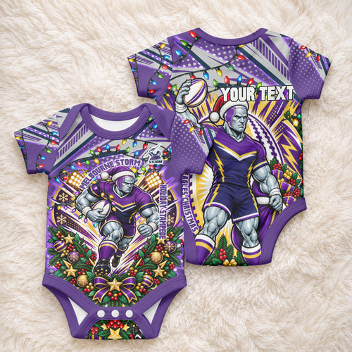 Personalized Melbourne Storm Rugby Christmas Baby Onesie Holiday Mascot Graphic Art Festive Lights Bow