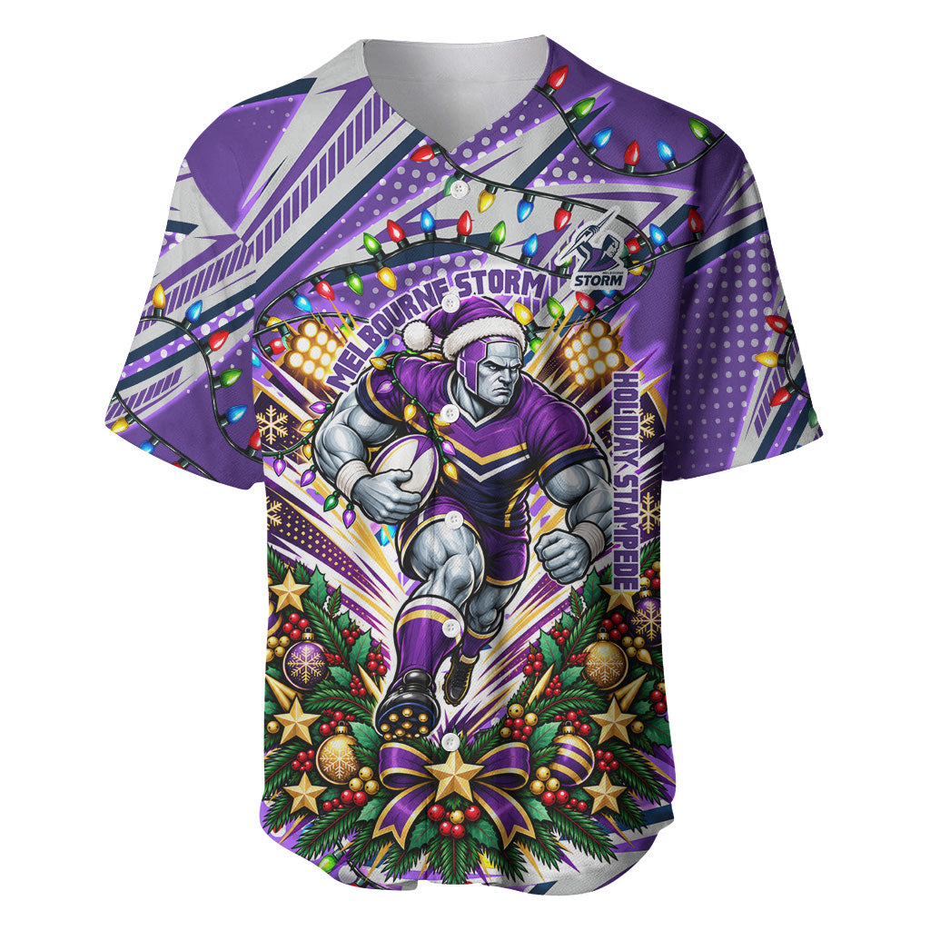 Personalized Melbourne Storm Rugby Christmas Baseball Jersey Holiday Mascot Graphic Art Festive Lights Bow