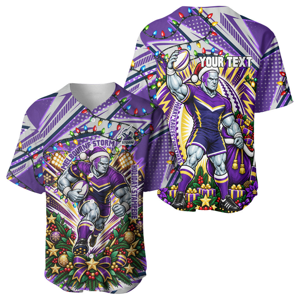Personalized Melbourne Storm Rugby Christmas Baseball Jersey Holiday Mascot Graphic Art Festive Lights Bow