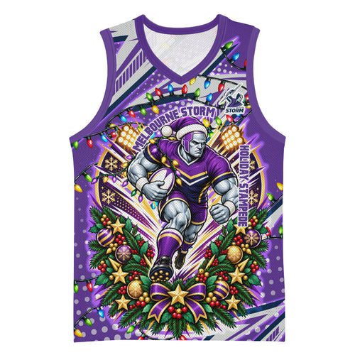 Personalized Melbourne Storm Rugby Christmas Basketball Jersey Holiday Mascot Graphic Art Festive Lights Bow