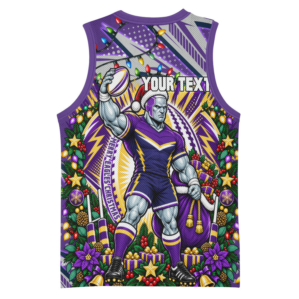 Personalized Melbourne Storm Rugby Christmas Basketball Jersey Holiday Mascot Graphic Art Festive Lights Bow