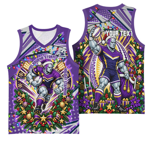 Personalized Melbourne Storm Rugby Christmas Basketball Jersey Holiday Mascot Graphic Art Festive Lights Bow