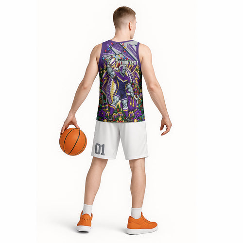 Personalized Melbourne Storm Rugby Christmas Basketball Jersey Holiday Mascot Graphic Art Festive Lights Bow