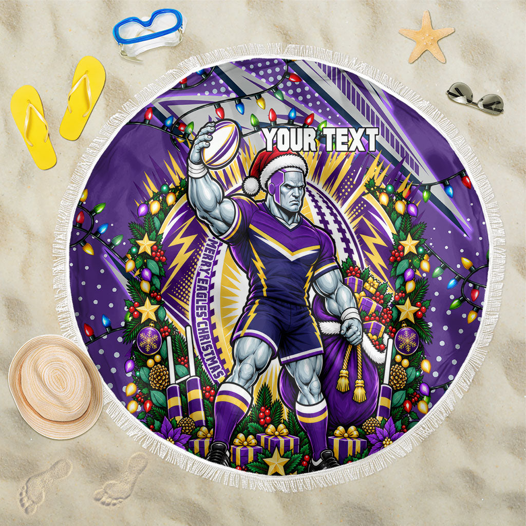 Personalized Melbourne Storm Rugby Christmas Beach Blanket Holiday Mascot Graphic Art Festive Lights Bow