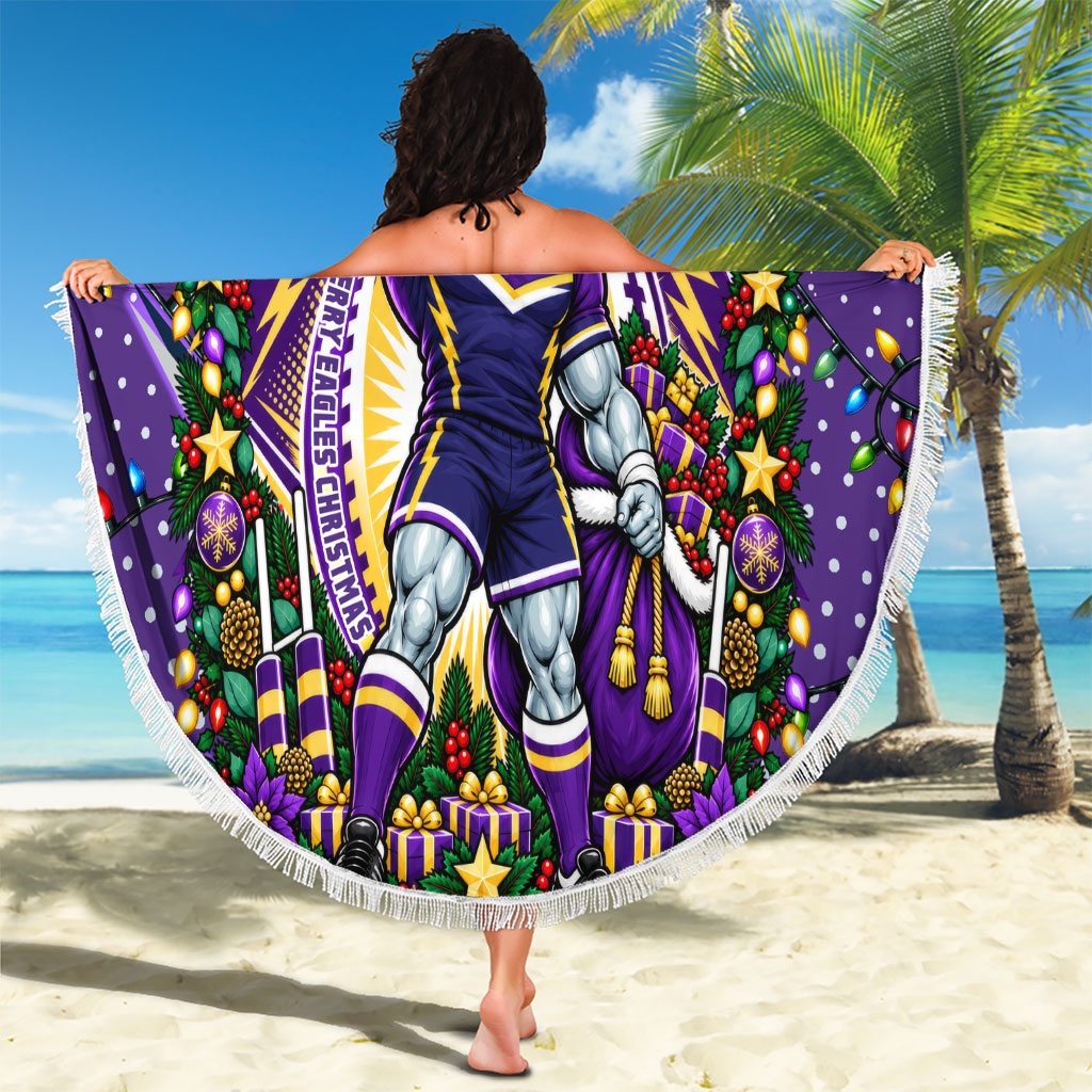 Personalized Melbourne Storm Rugby Christmas Beach Blanket Holiday Mascot Graphic Art Festive Lights Bow