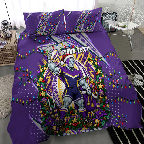 Personalized Melbourne Storm Rugby Christmas Bedding Set Holiday Mascot Graphic Art Festive Lights Bow
