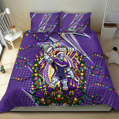 Personalized Melbourne Storm Rugby Christmas Bedding Set Holiday Mascot Graphic Art Festive Lights Bow