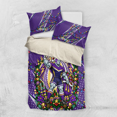 Personalized Melbourne Storm Rugby Christmas Bedding Set Holiday Mascot Graphic Art Festive Lights Bow