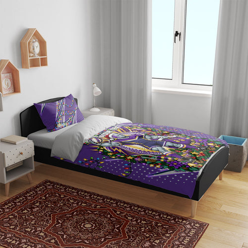 Personalized Melbourne Storm Rugby Christmas Bedding Set Holiday Mascot Graphic Art Festive Lights Bow