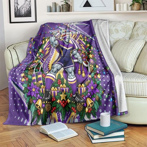 Personalized Melbourne Storm Rugby Christmas Blanket Holiday Mascot Graphic Art Festive Lights Bow