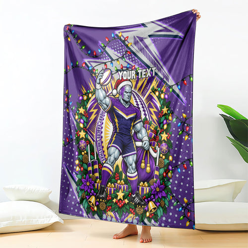 Personalized Melbourne Storm Rugby Christmas Blanket Holiday Mascot Graphic Art Festive Lights Bow