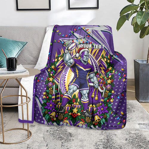 Personalized Melbourne Storm Rugby Christmas Blanket Holiday Mascot Graphic Art Festive Lights Bow