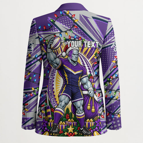Personalized Melbourne Storm Rugby Christmas Blazer Holiday Mascot Graphic Art Festive Lights Bow