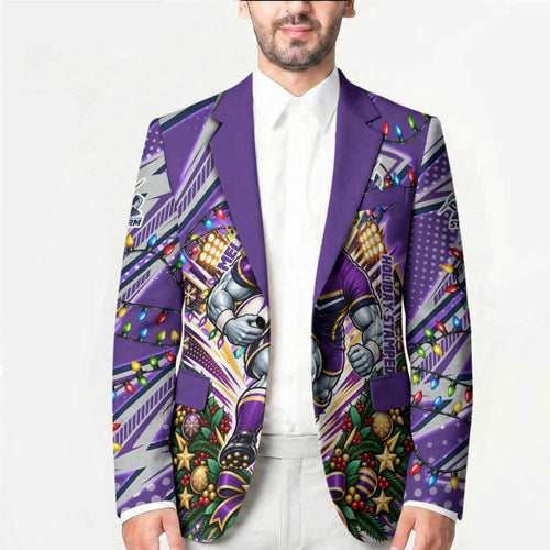 Personalized Melbourne Storm Rugby Christmas Blazer Holiday Mascot Graphic Art Festive Lights Bow