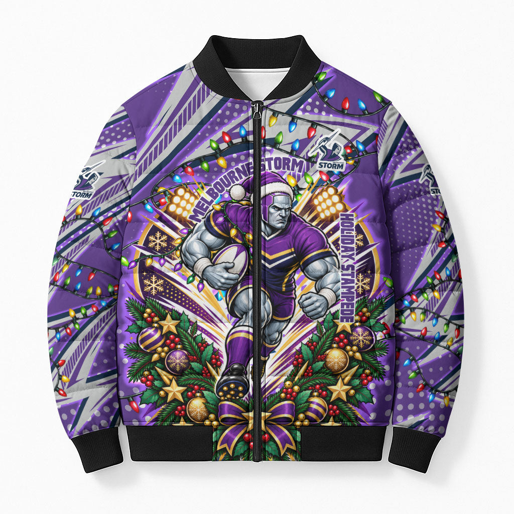 Personalized Melbourne Storm Rugby Christmas Bomber Puffer Jacket Holiday Mascot Graphic Art Festive Lights Bow