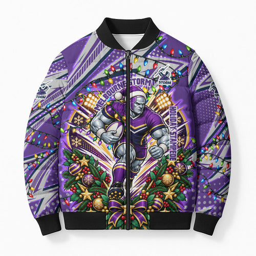 Personalized Melbourne Storm Rugby Christmas Bomber Puffer Jacket Holiday Mascot Graphic Art Festive Lights Bow