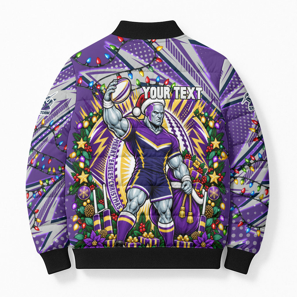Personalized Melbourne Storm Rugby Christmas Bomber Puffer Jacket Holiday Mascot Graphic Art Festive Lights Bow